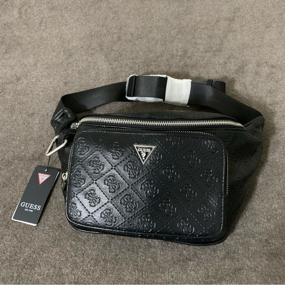 Guess Black Fanny Pack Milano Maxi Bumbag Solid Embossed Allover Logo